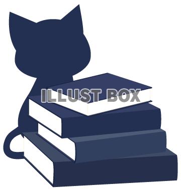 無料イラスト シルエットねこ 積まれた本と猫