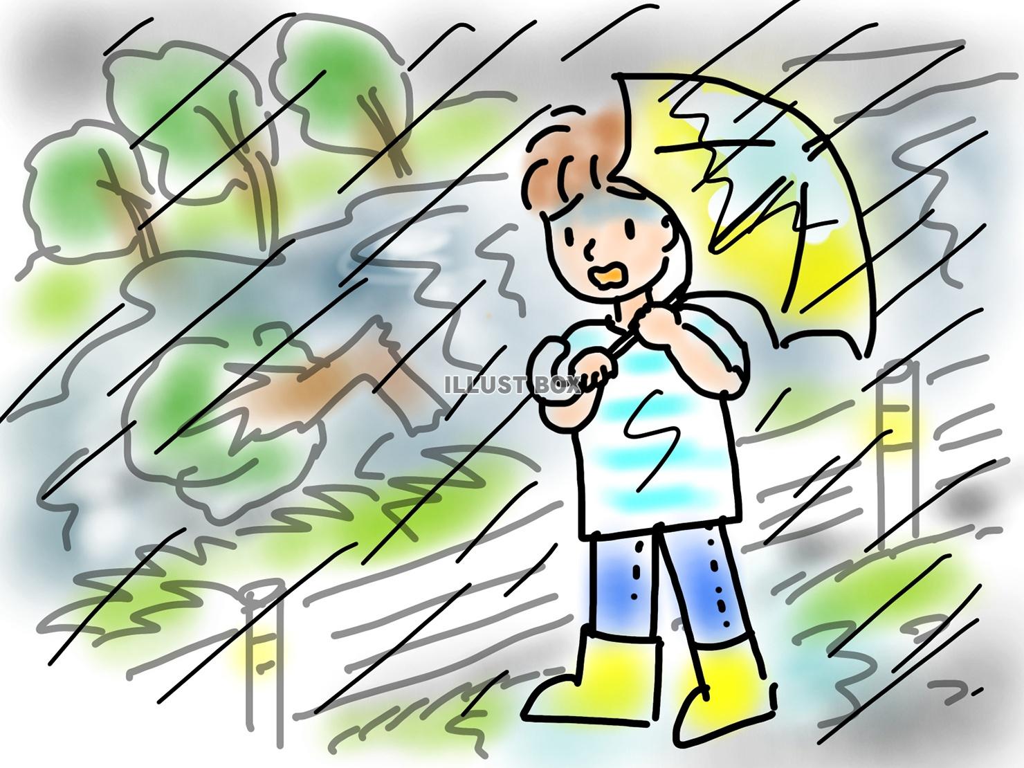 大雨の中避難する子供