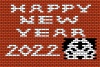 レンガ寅　レンガが敷き詰められたレトロゲーム風の寅の年賀状（シンプルなHAPPY NEW YEAR 2022の文字）