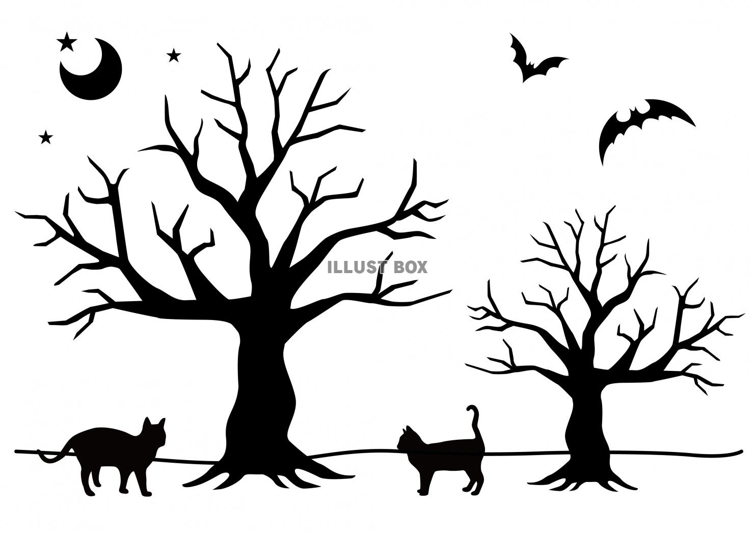 無料イラスト ハロウィン Halloween 枯れ木と黒猫