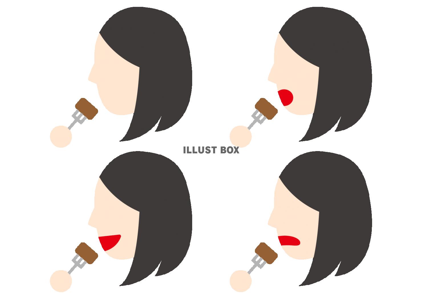 無料イラスト ５ 人 横顔 女性 黒髪 セミロング 食べる ４種