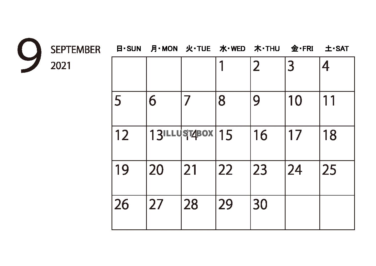 ２カレンダー（2021・09・英語・日本語）