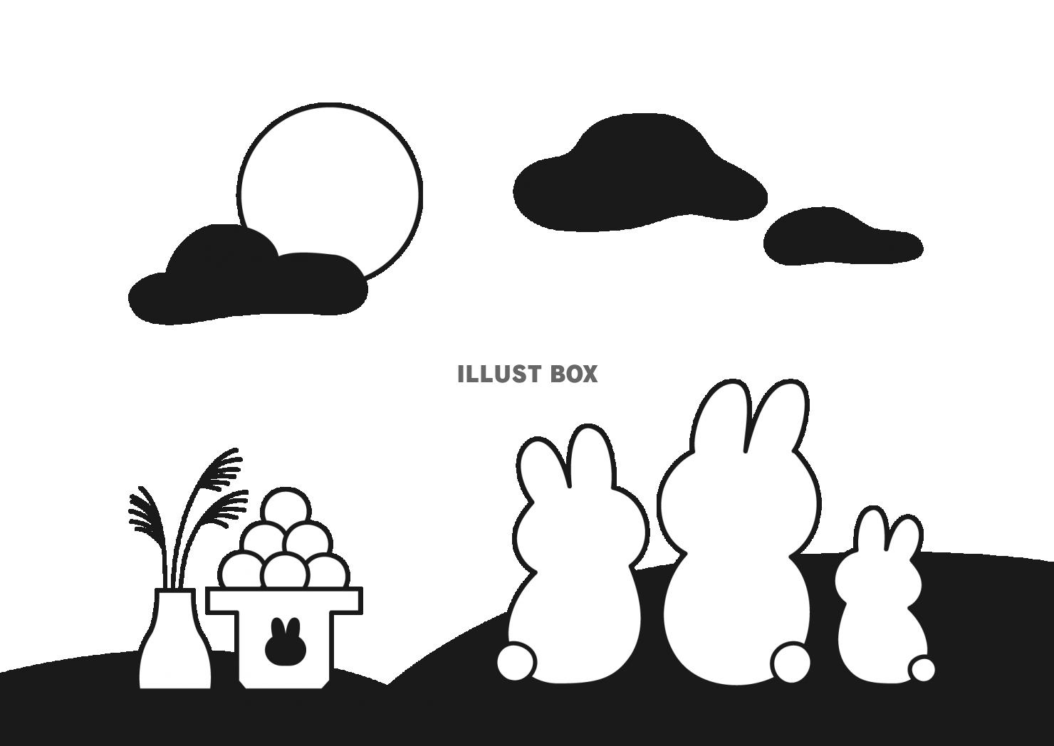 無料イラスト お月見をしているウサギたちの白黒イラスト