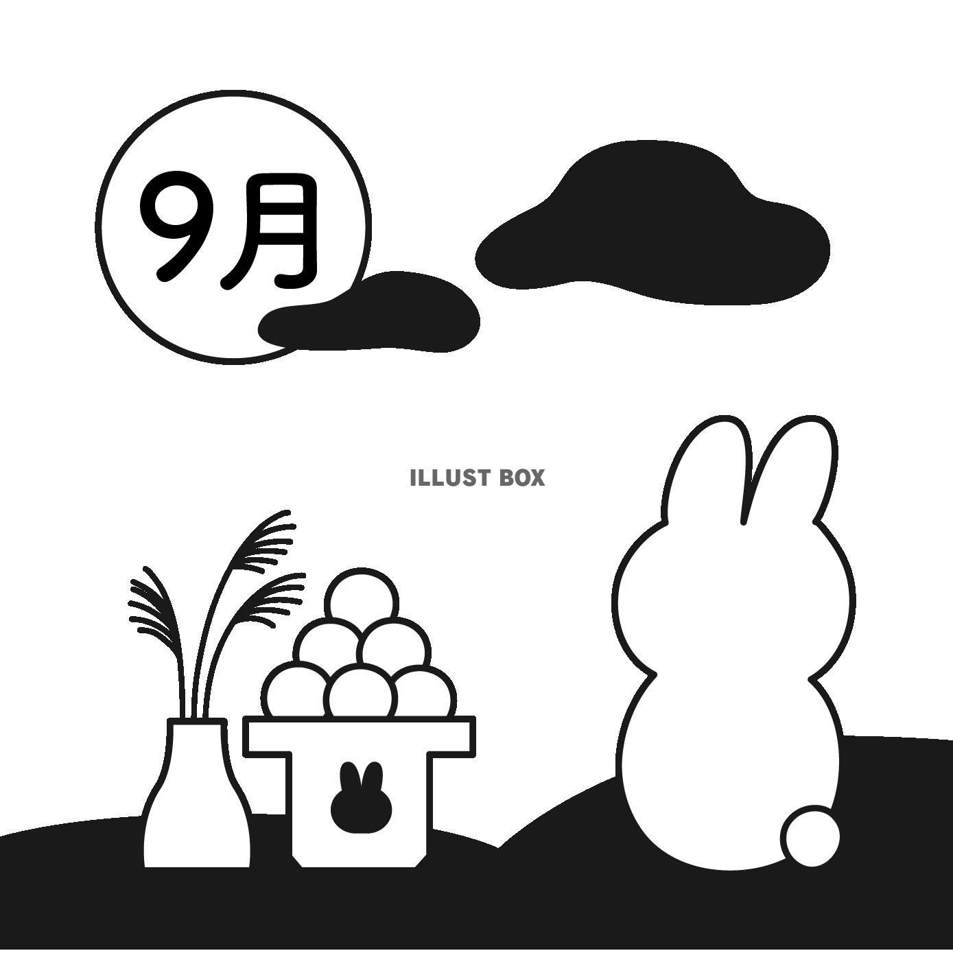 お月見ウサギの9月用見出し白黒イラスト