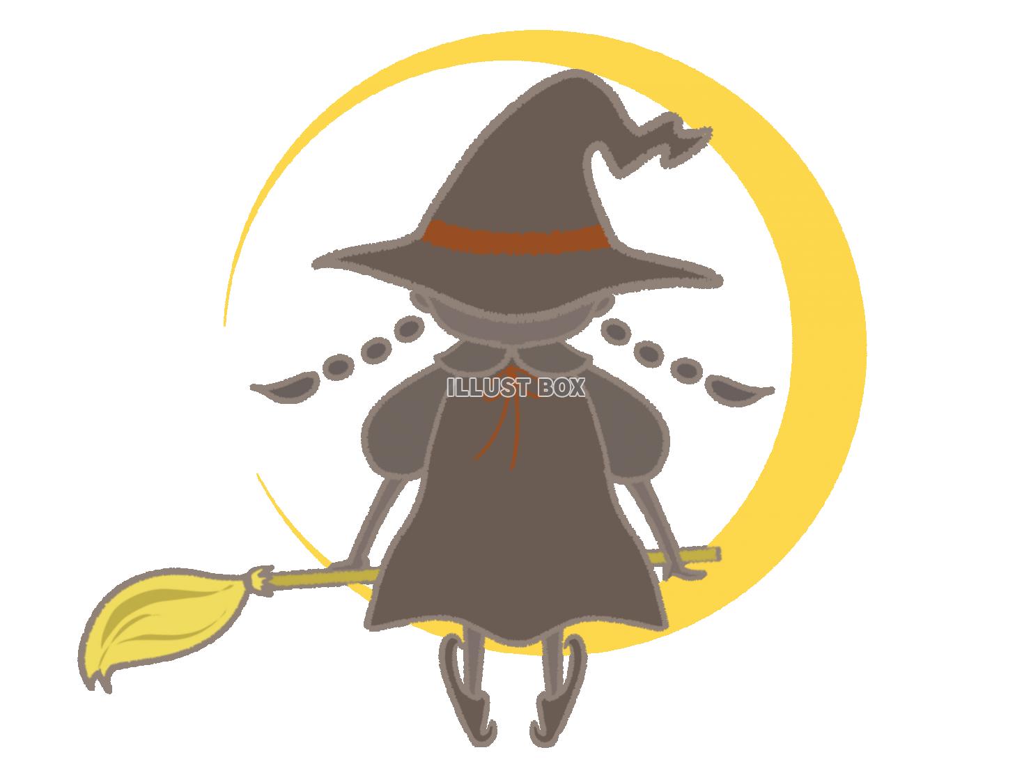 ハロウィン　月に座る魔女のイラスト　線あり