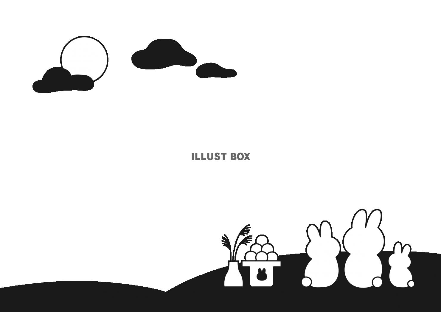 無料イラスト お月見をしているウサギ家族の白黒イラストフレーム