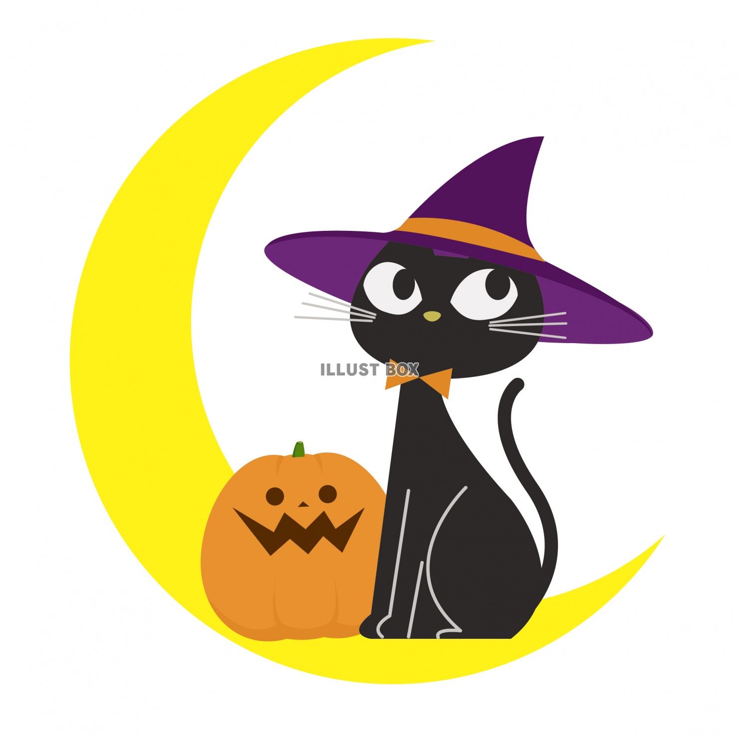 無料イラスト ハロウィン 黒猫 と 三日月 と ジャックオランタン かわい