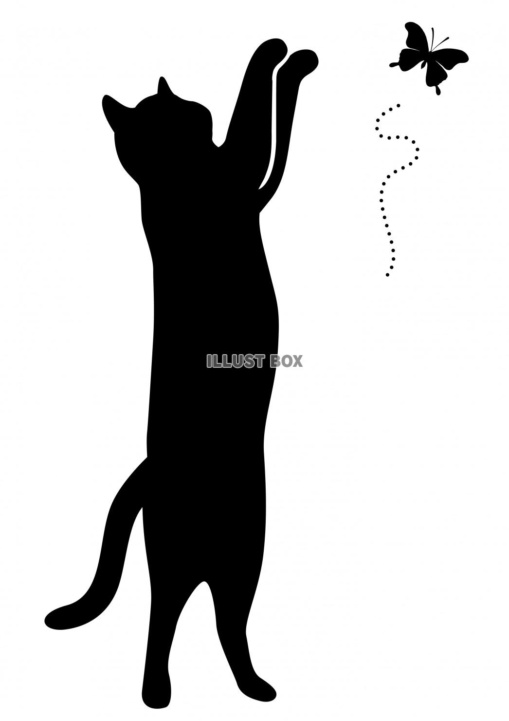 無料イラスト 猫 シルエット 黒猫 蝶々と遊ぶネコ