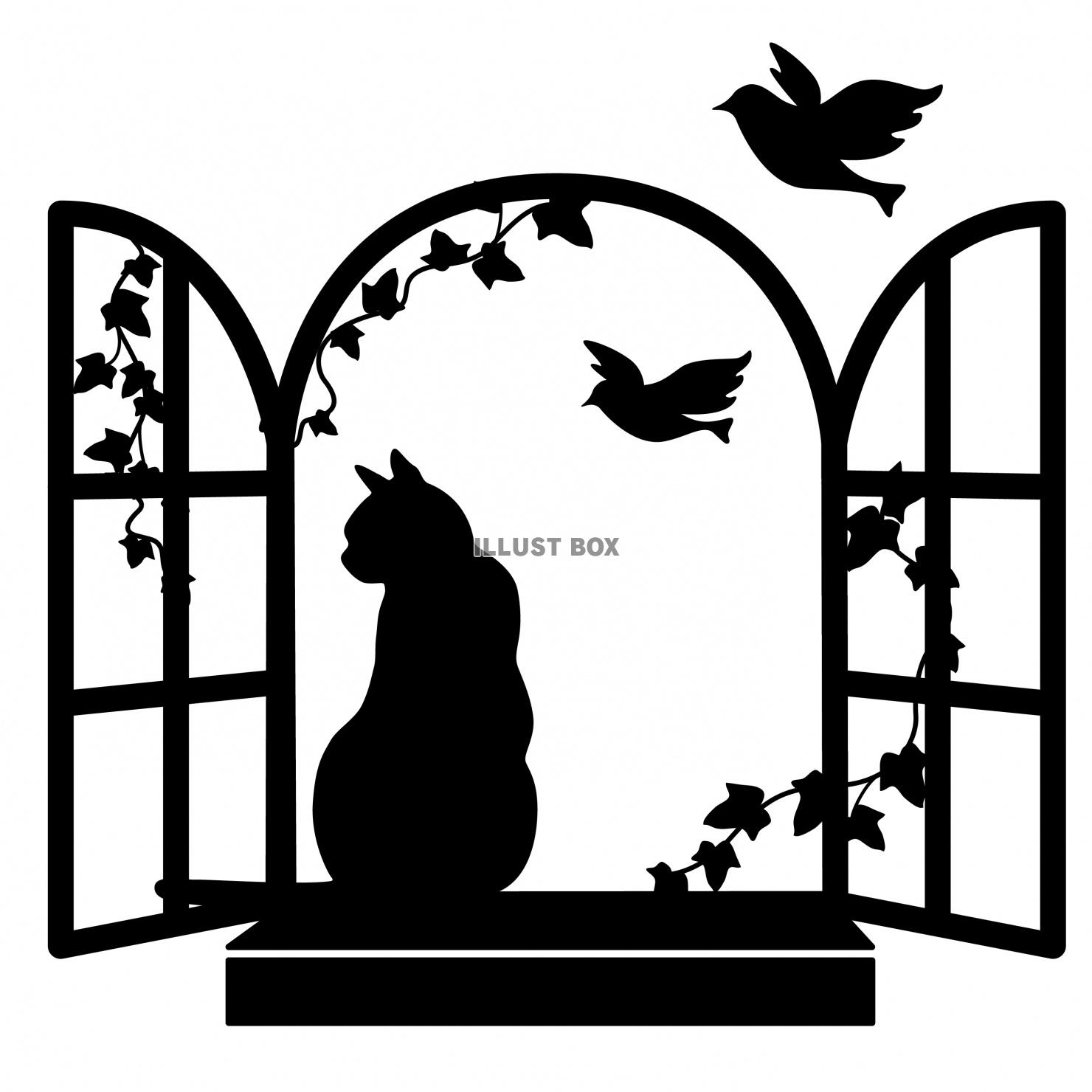 無料イラスト 猫 シルエット 黒猫 窓際のネコと鳥