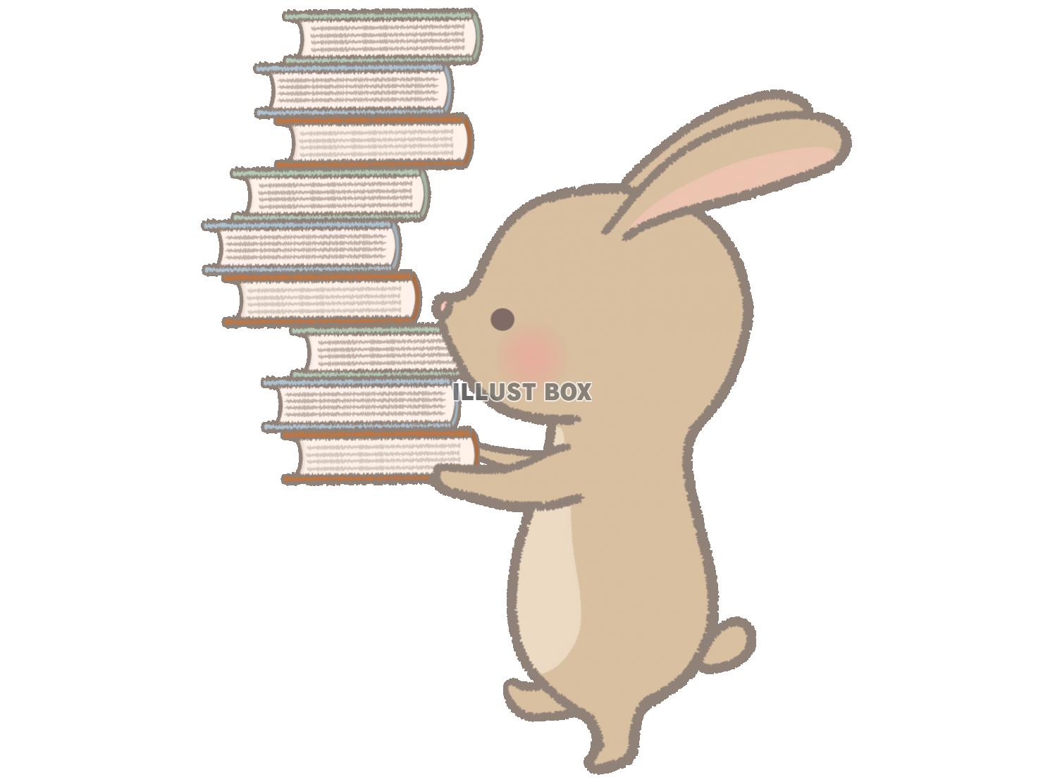 無料イラスト 積み上げた本を運ぶウサギのイラスト 線あり