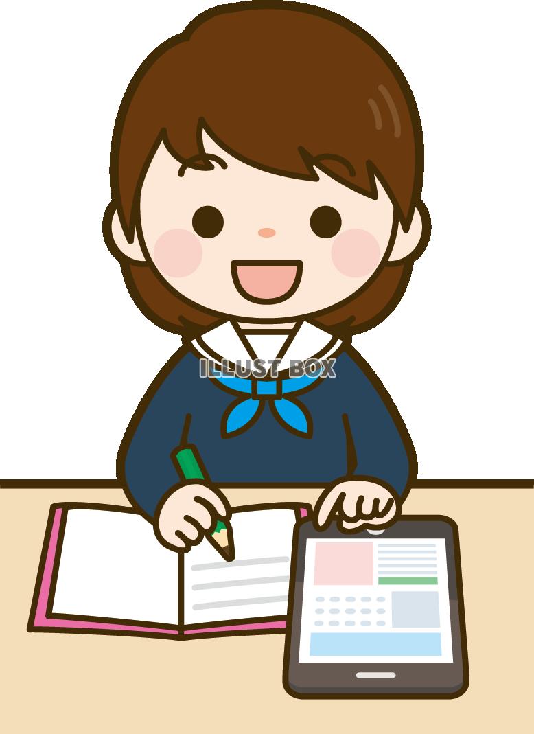 無料イラスト タブレットで勉強をする女子中学生