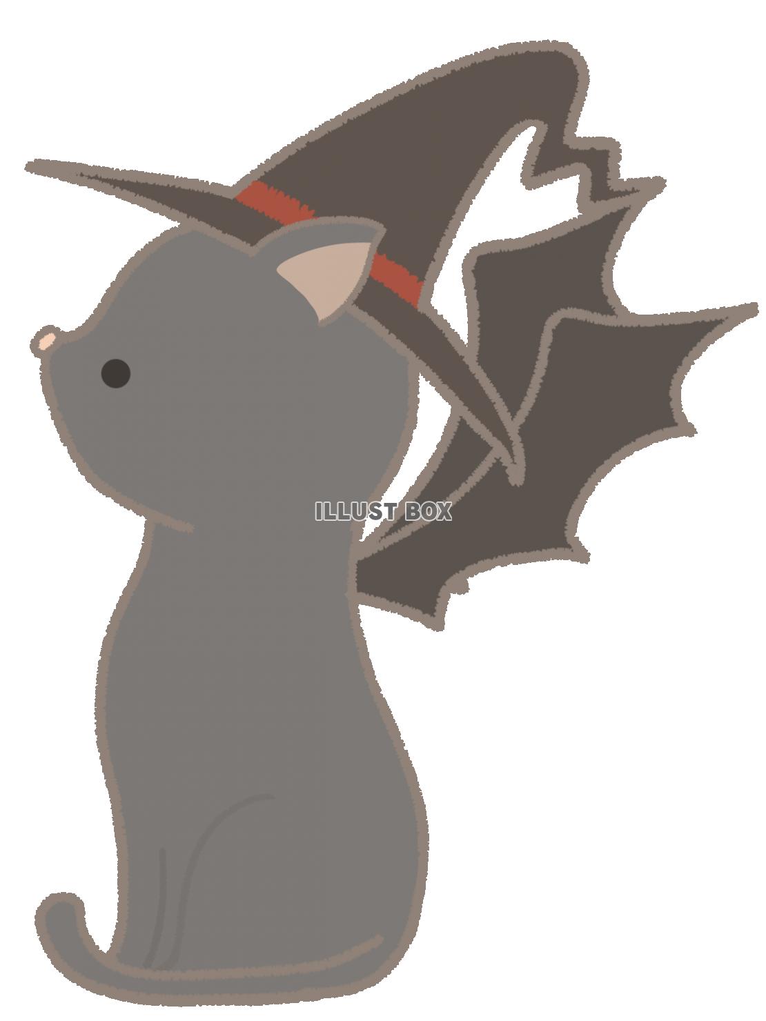 ハロウィン　コウモリの羽をつけた猫のイラスト　線あり