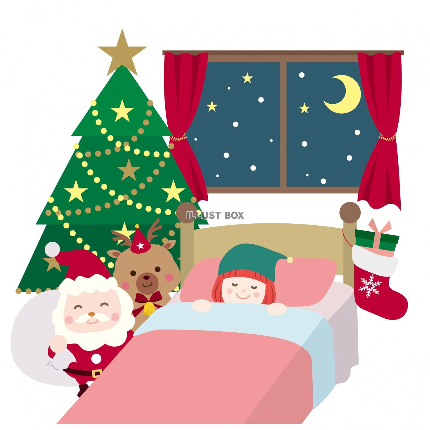 無料イラスト クリスマスイブ 子供部屋で眠る少女とサンタクロースとトナカイ