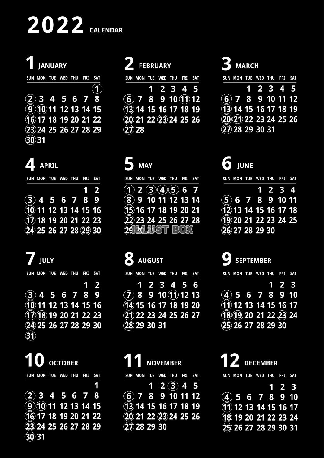 無料イラスト 22年 年間カレンダー シンプルデザイン