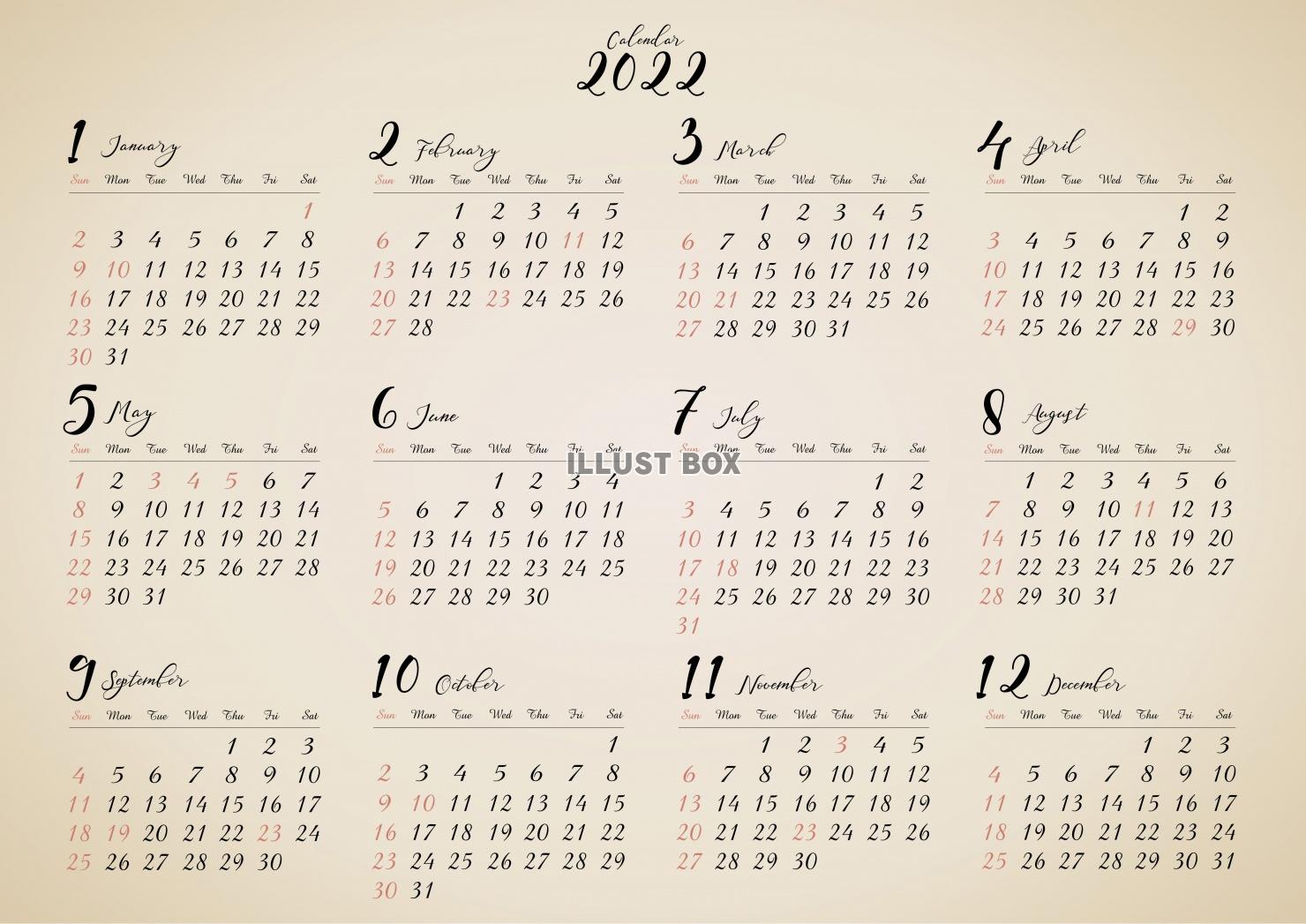 無料イラスト 22年 年間カレンダー レトロデザイン