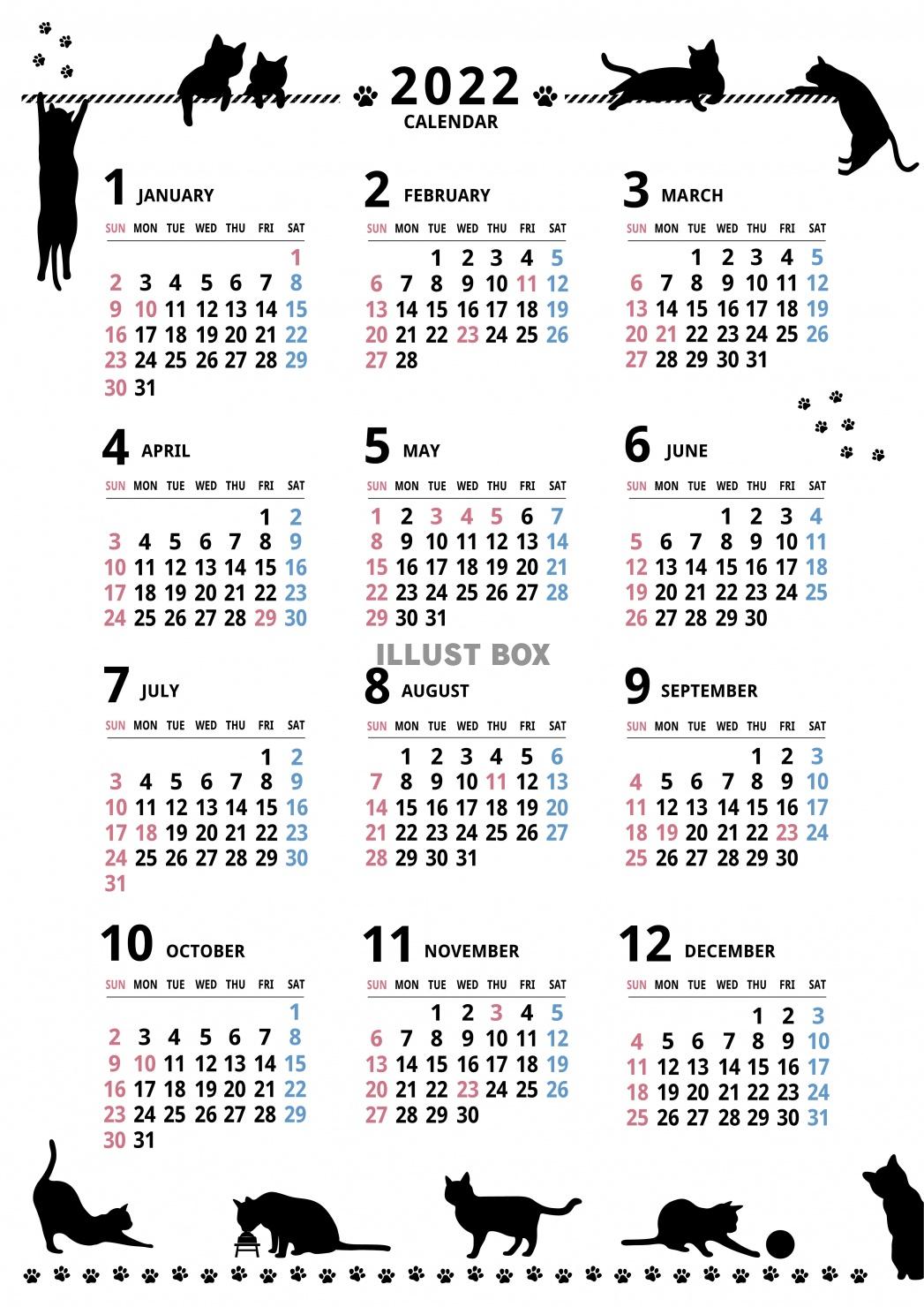 無料イラスト 22年 年間カレンダー 猫シルエットデザイン