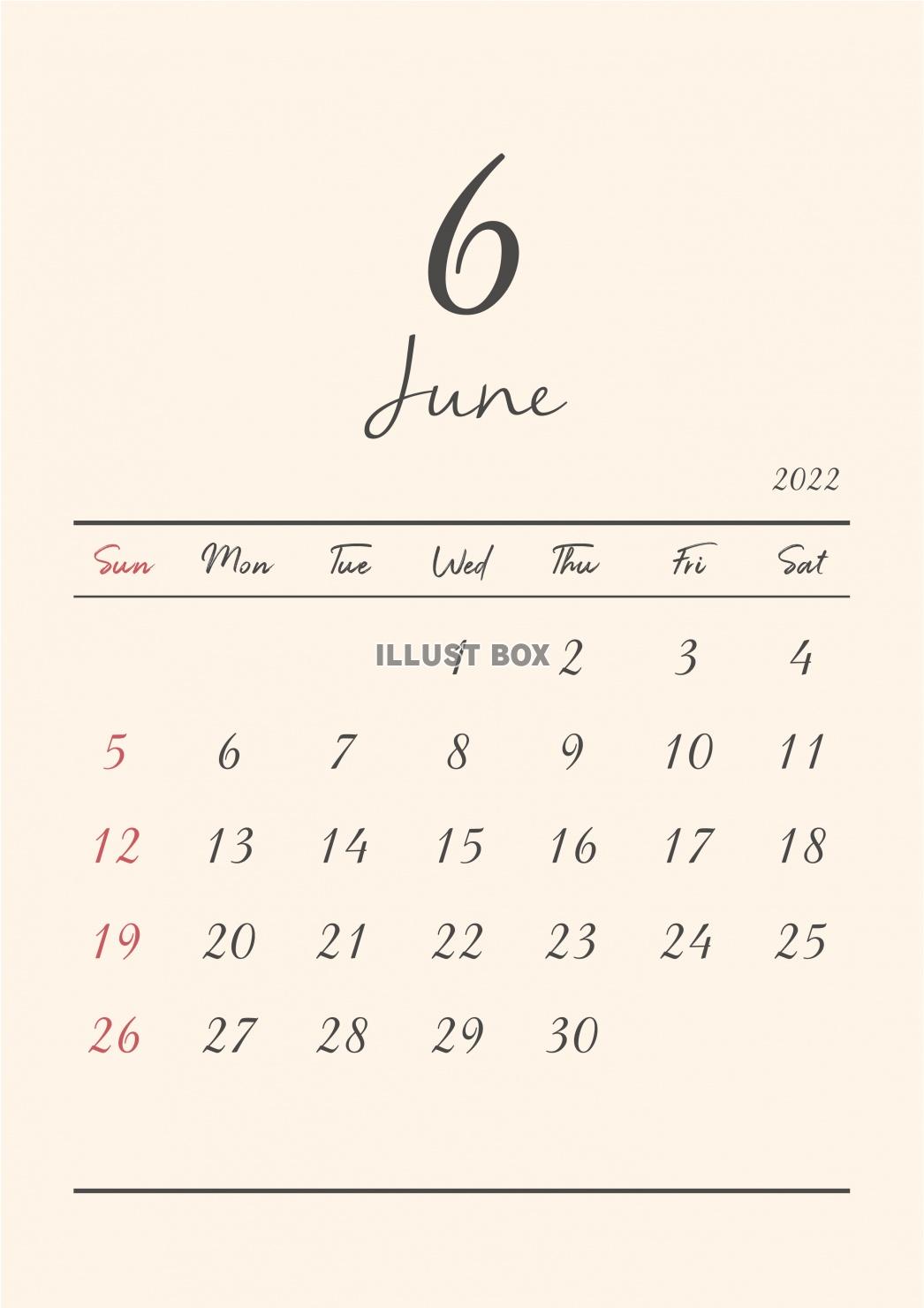 2022年☆6月☆おしゃれカレンダー（A4）：イラスト無料