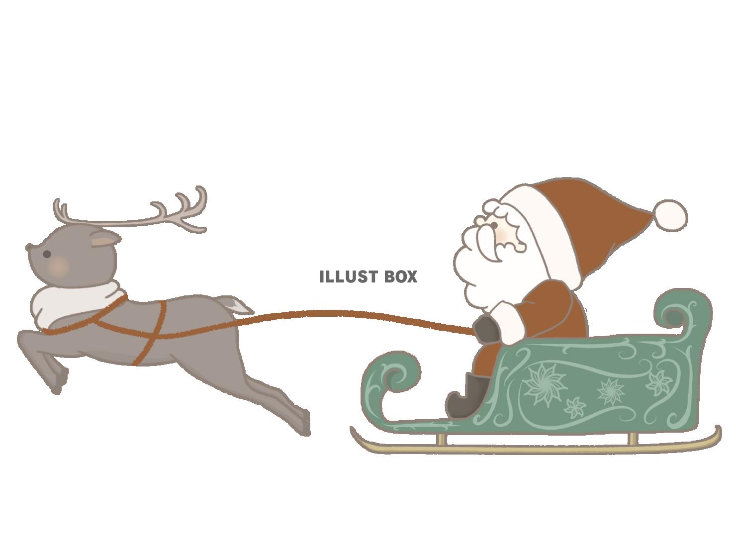 無料イラスト クリスマス 走るトナカイとソリに乗るサンタさんのイラスト 線