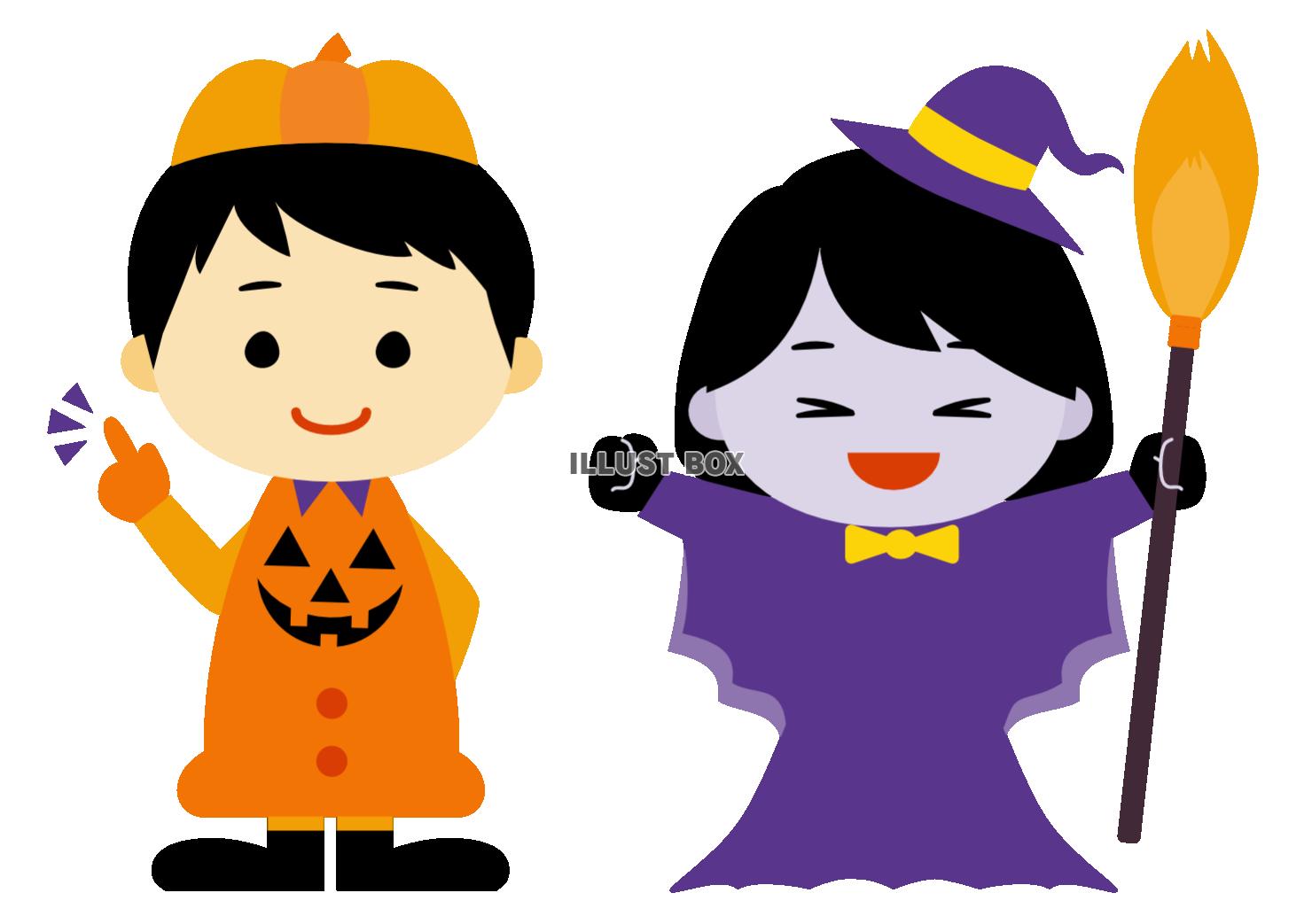 無料イラスト ハロウィンの魔女とパンプキン仮装をした子供