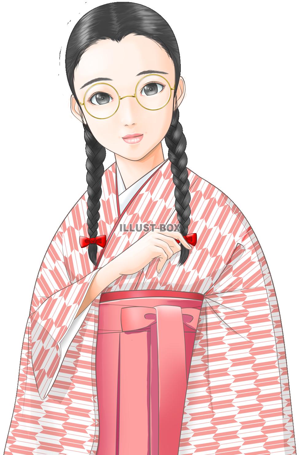 無料イラスト メガネをかけた 矢絣三つ編み富士額の女の子 透過png