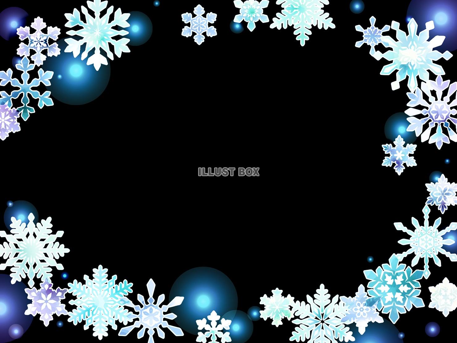 雪の結晶のイラストフレーム、黒背景