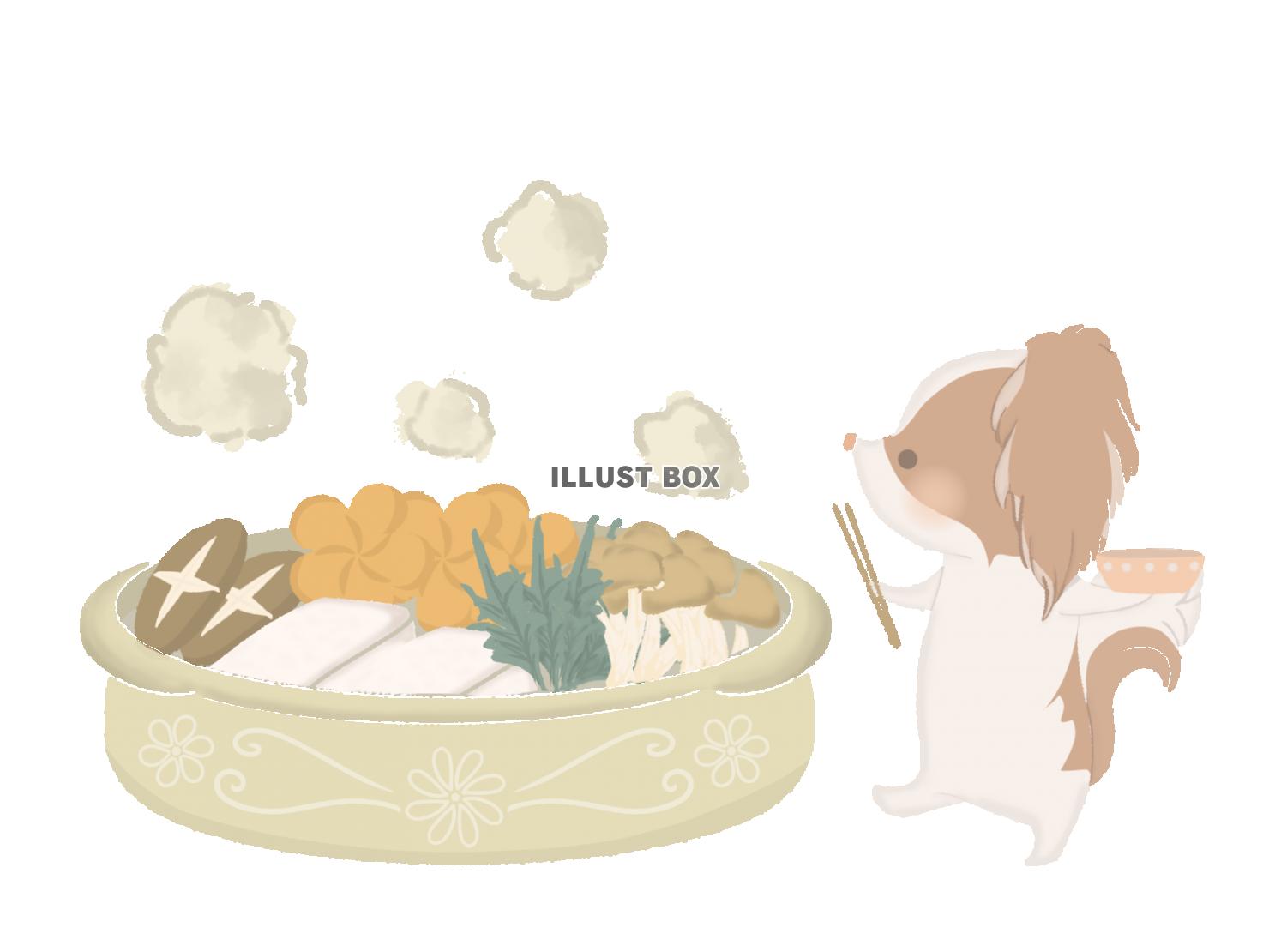 冬　鍋料理を食べようとする犬のイラスト　線なし