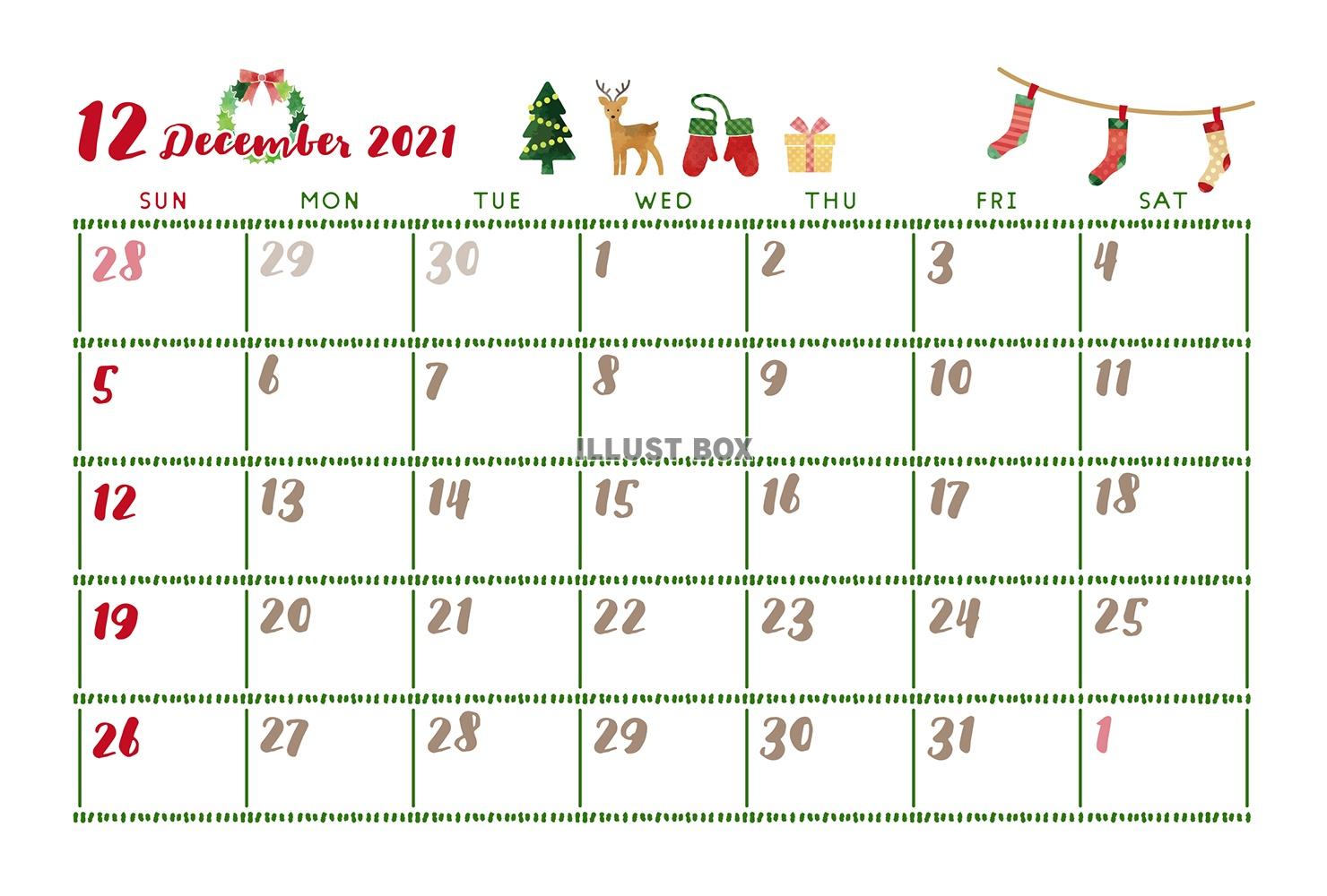  2021年12月のカレンダー：はがきサイズ版