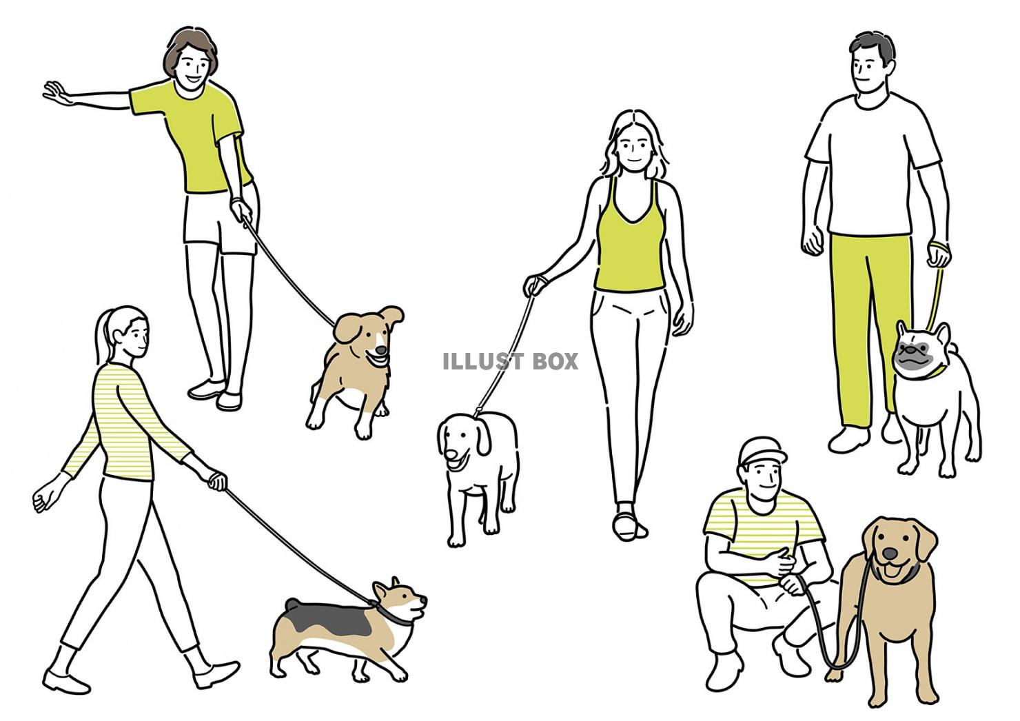 犬を連れた人物のシンプルな線画イラストセット