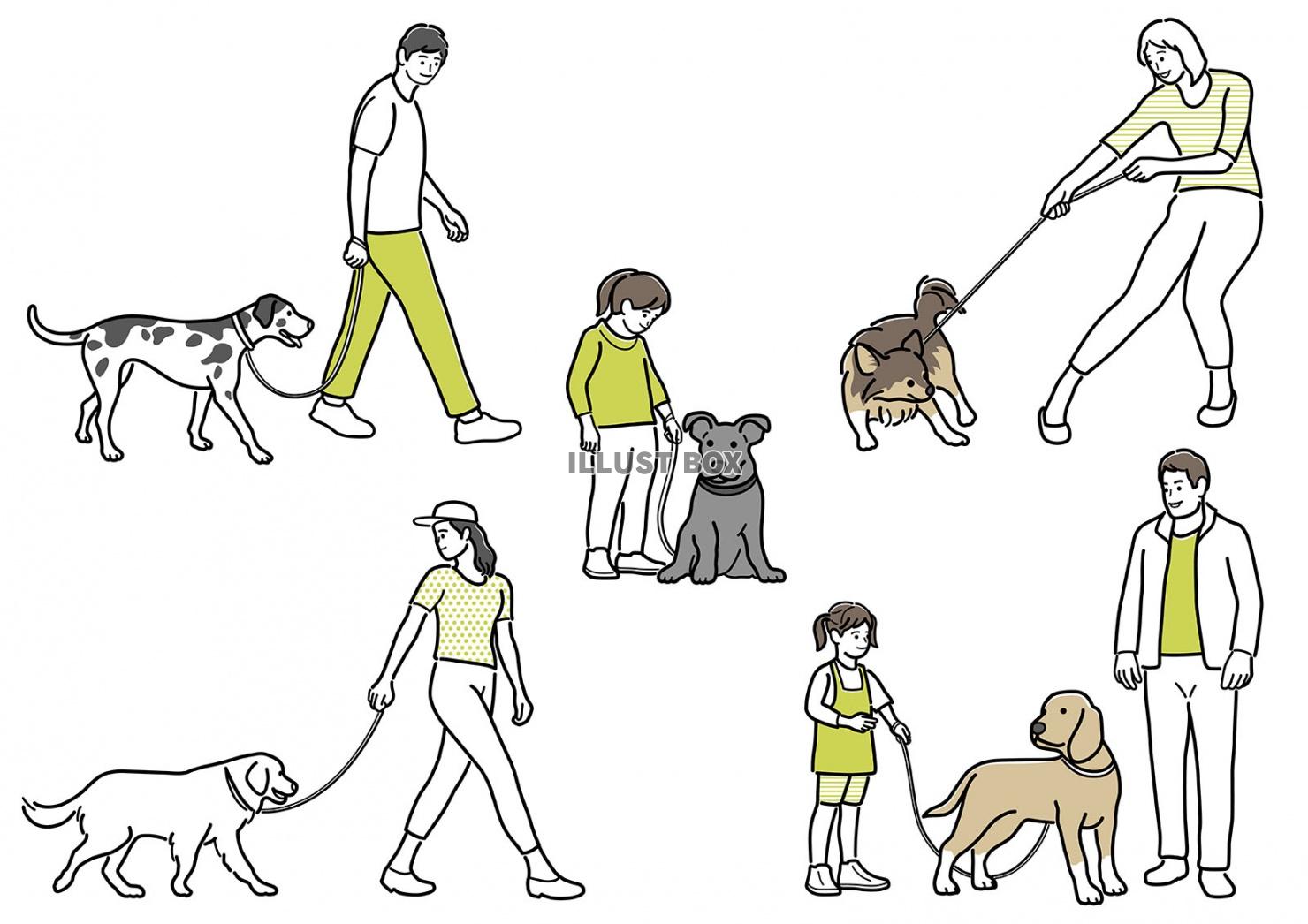 無料イラスト 犬を連れた人物のシンプルな線画イラストセット