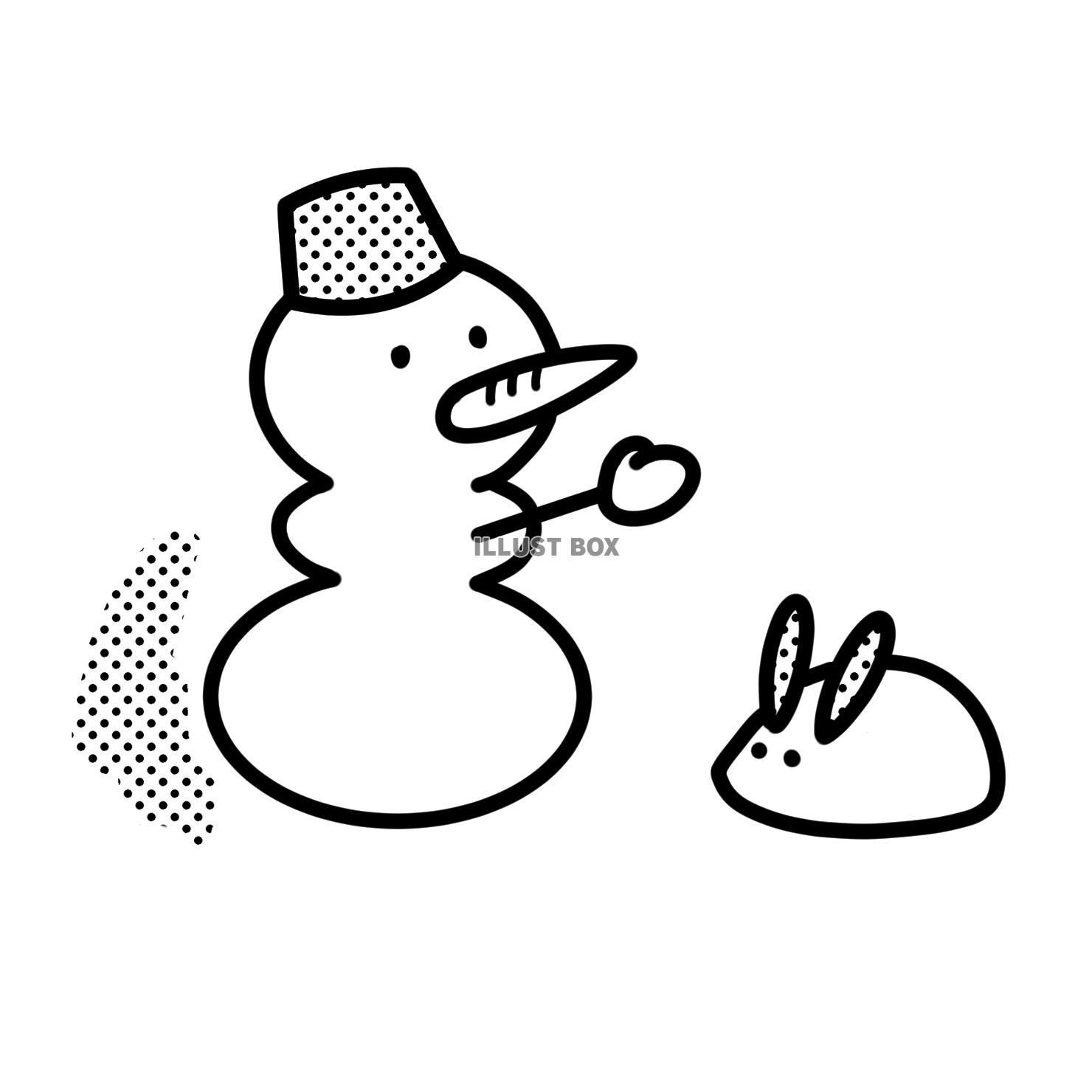 無料イラスト 雪だるまと雪ウサギのシンプルなモノクロイラスト