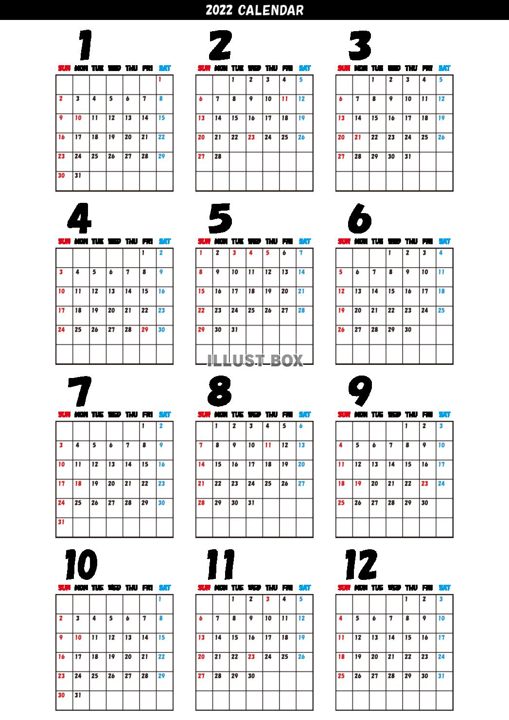 カレンダー （2022年・一年間・透過・縦）