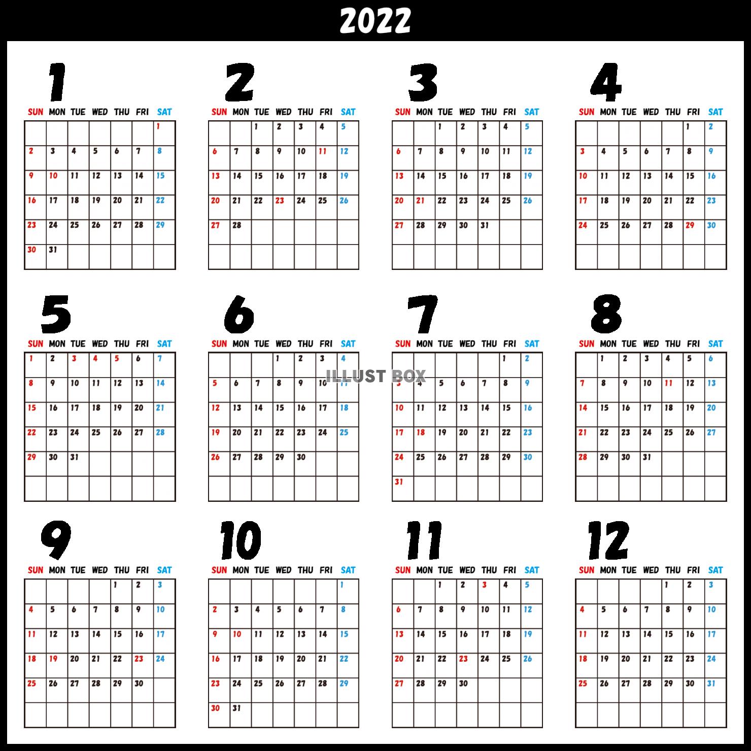 カレンダー （2022年・一年間・透過・正方形）