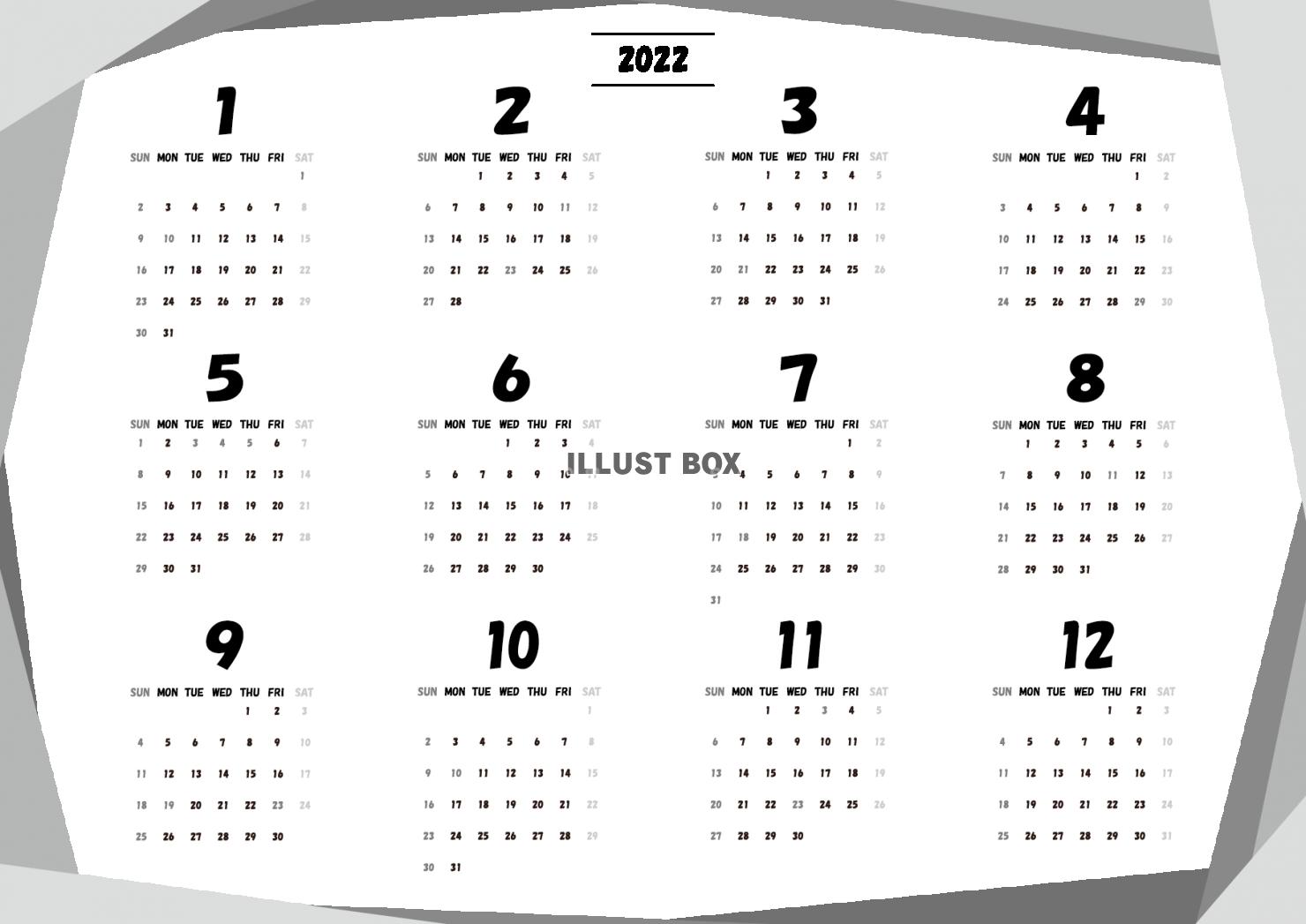 カレンダー （2022年・一年間・三角・モノクロ・横）