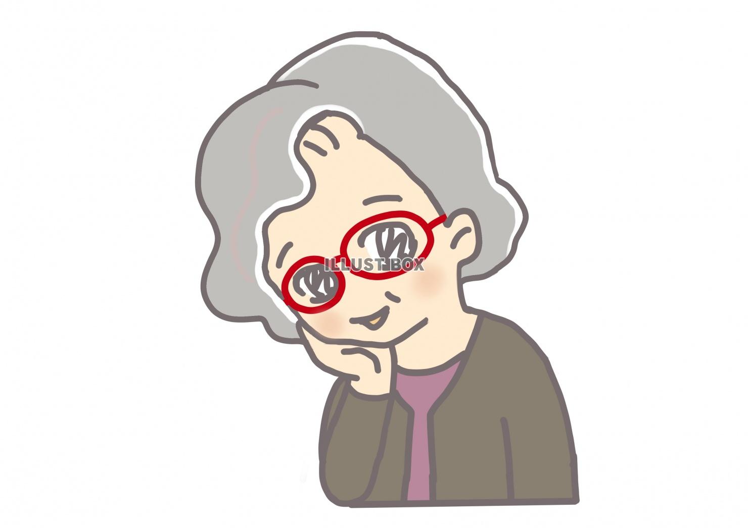 無料イラスト 赤いメガネの高齢女性