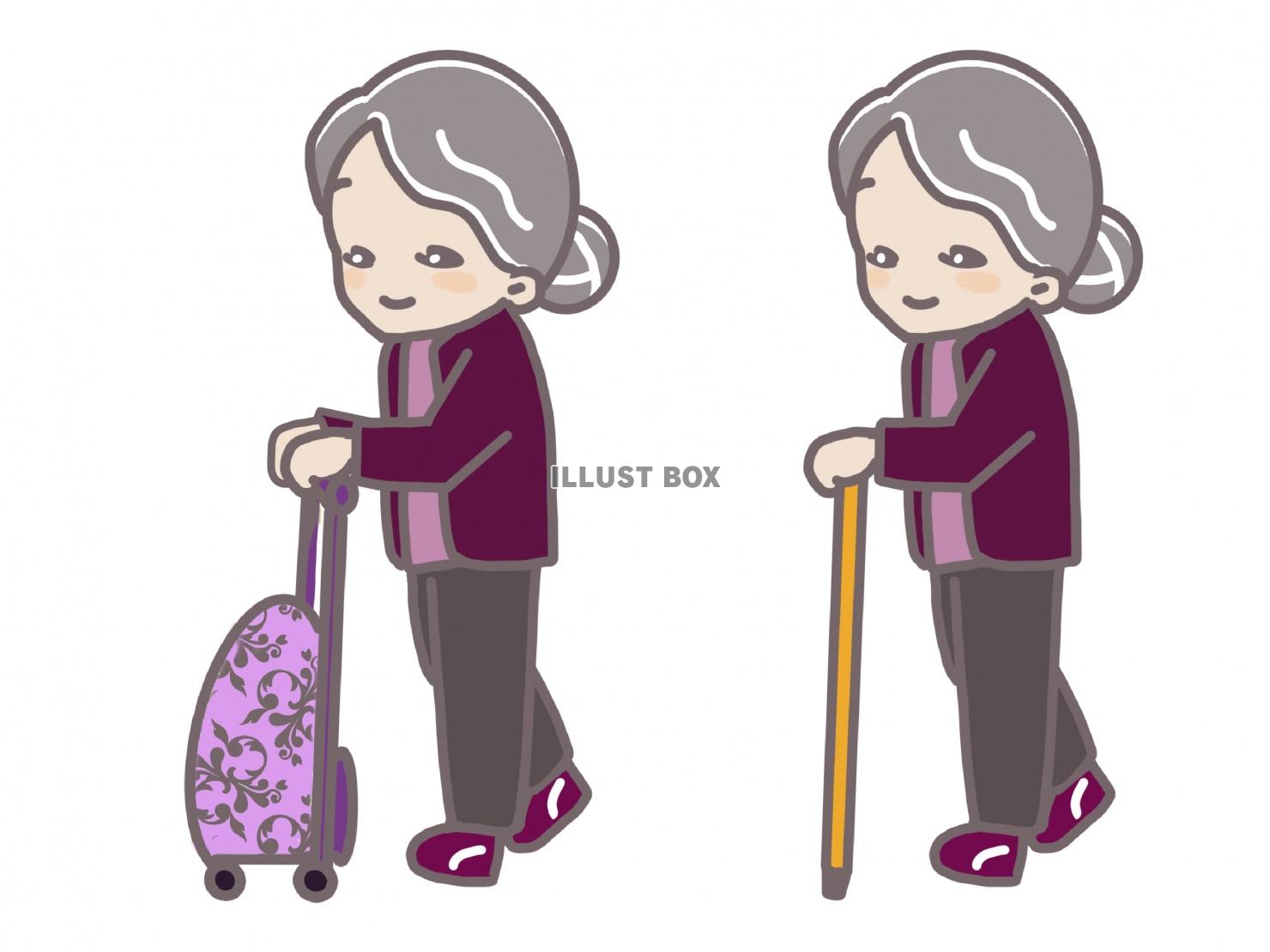 カートや杖を使って歩くおばあさん
