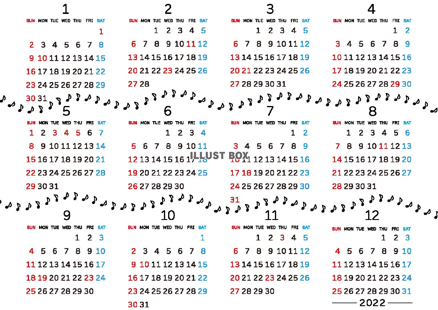 カレンダー （2022年・一年間・一列4カ月・音符・横）10