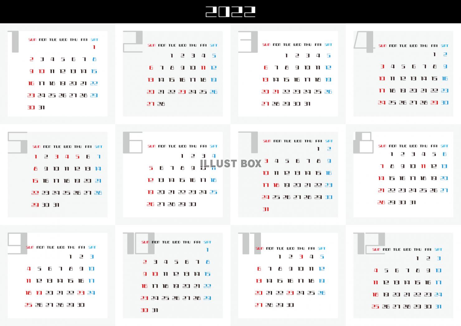 カレンダー （2022年・一年間・角文字・スタイリッシュ・横...