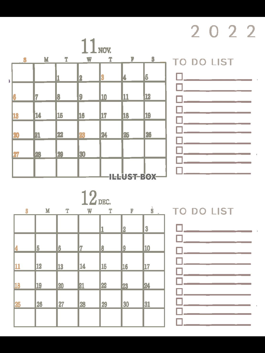 ２０２２年　TODOリストのあるカレンダー（１１，１２月）