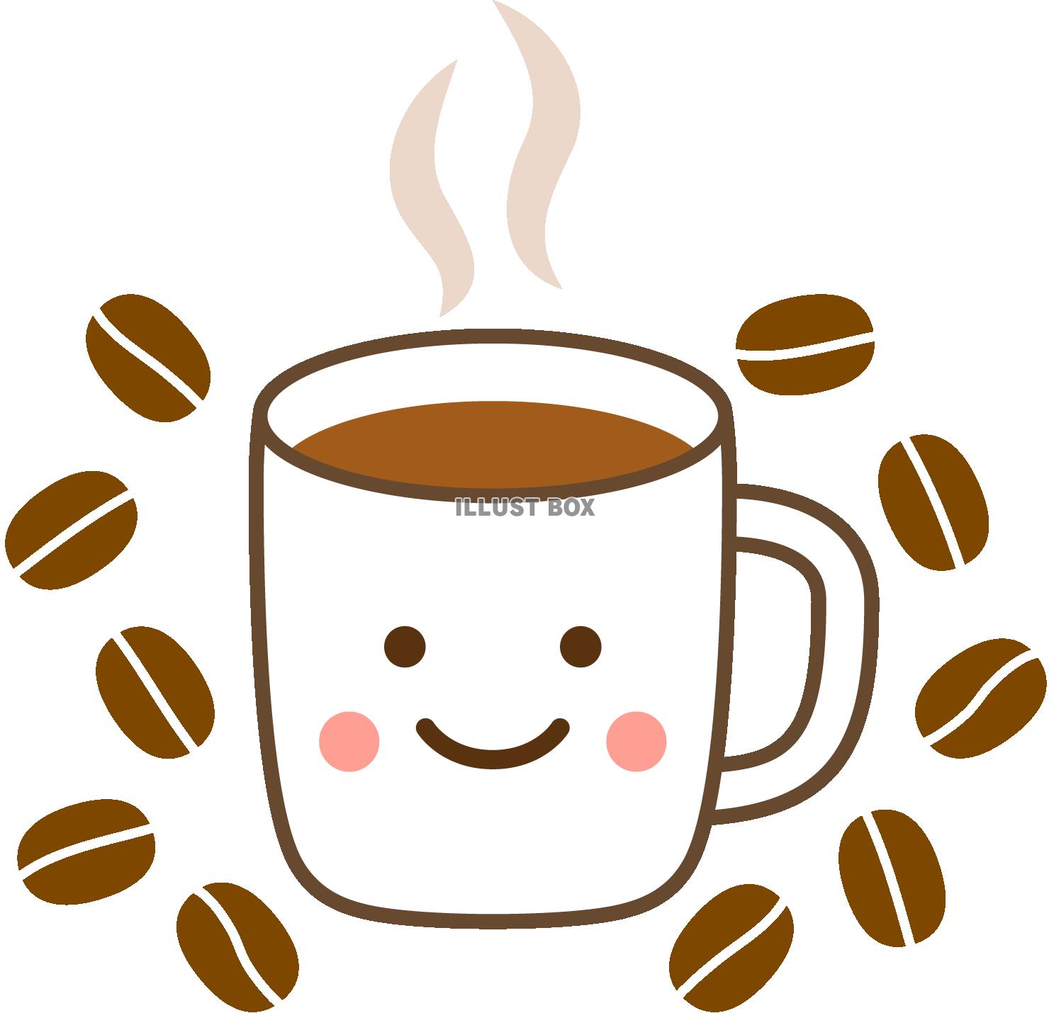 無料イラスト コーヒー豆と笑顔のマグカップ