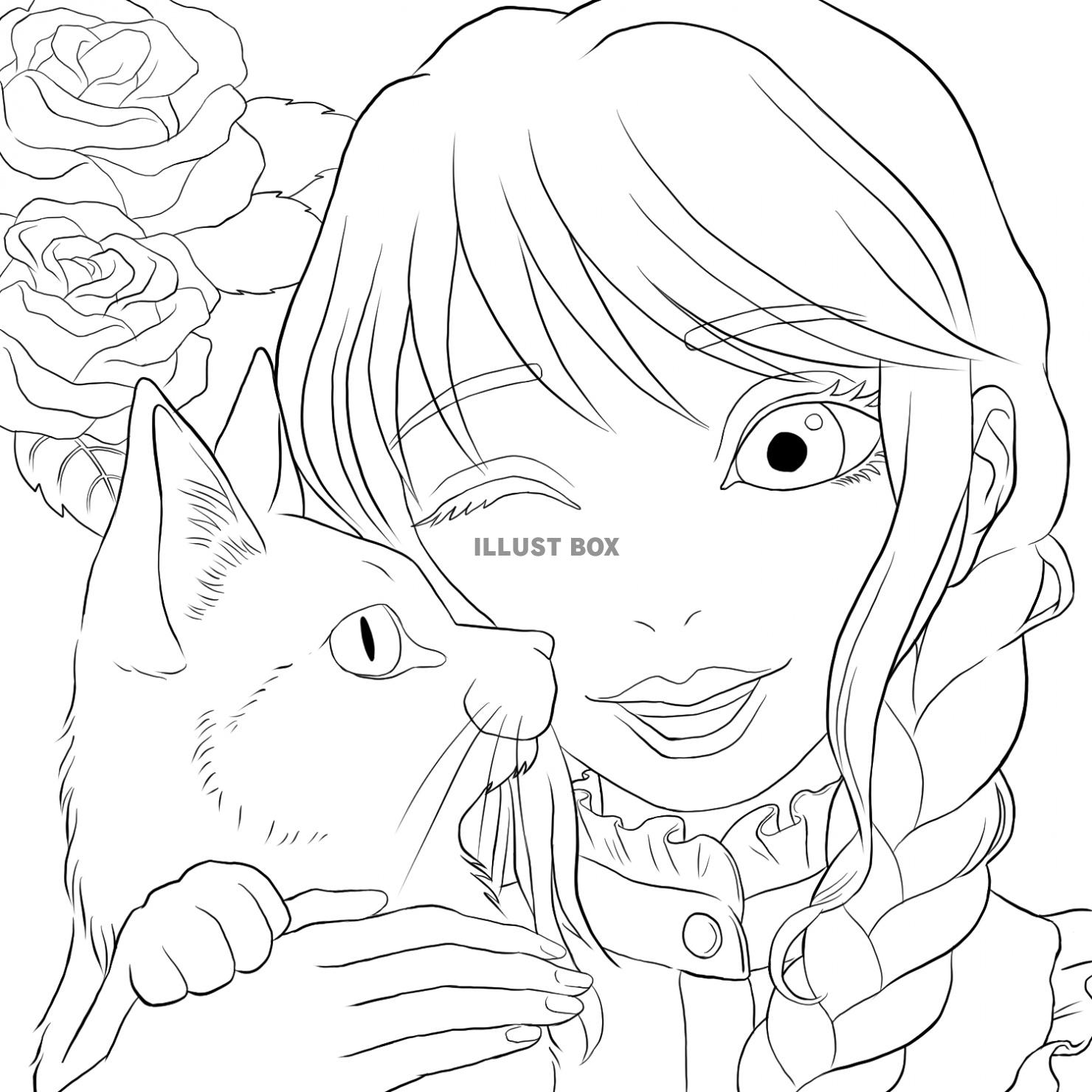 無料イラスト 三つ編みの女の子と猫の塗り絵