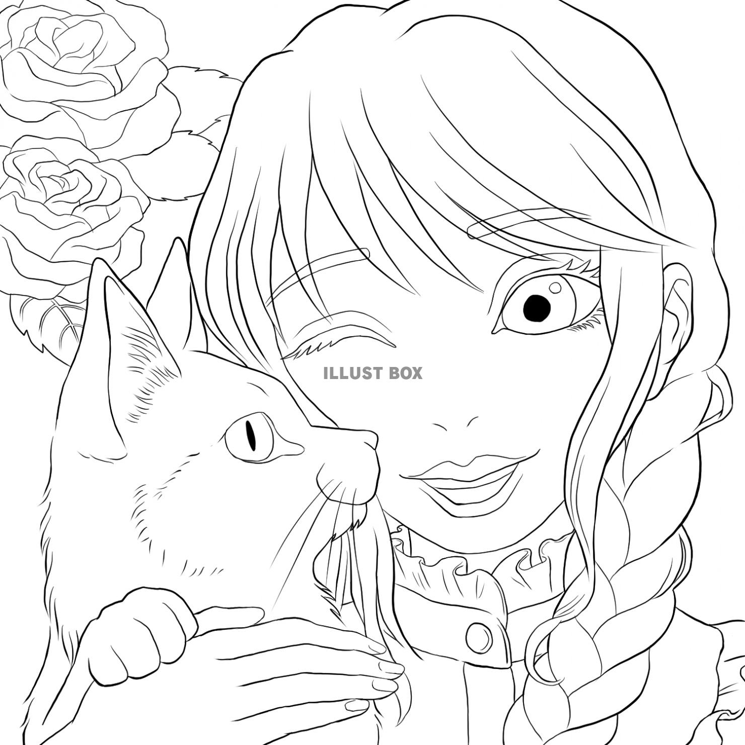 三つ編みの女の子と猫の塗り絵