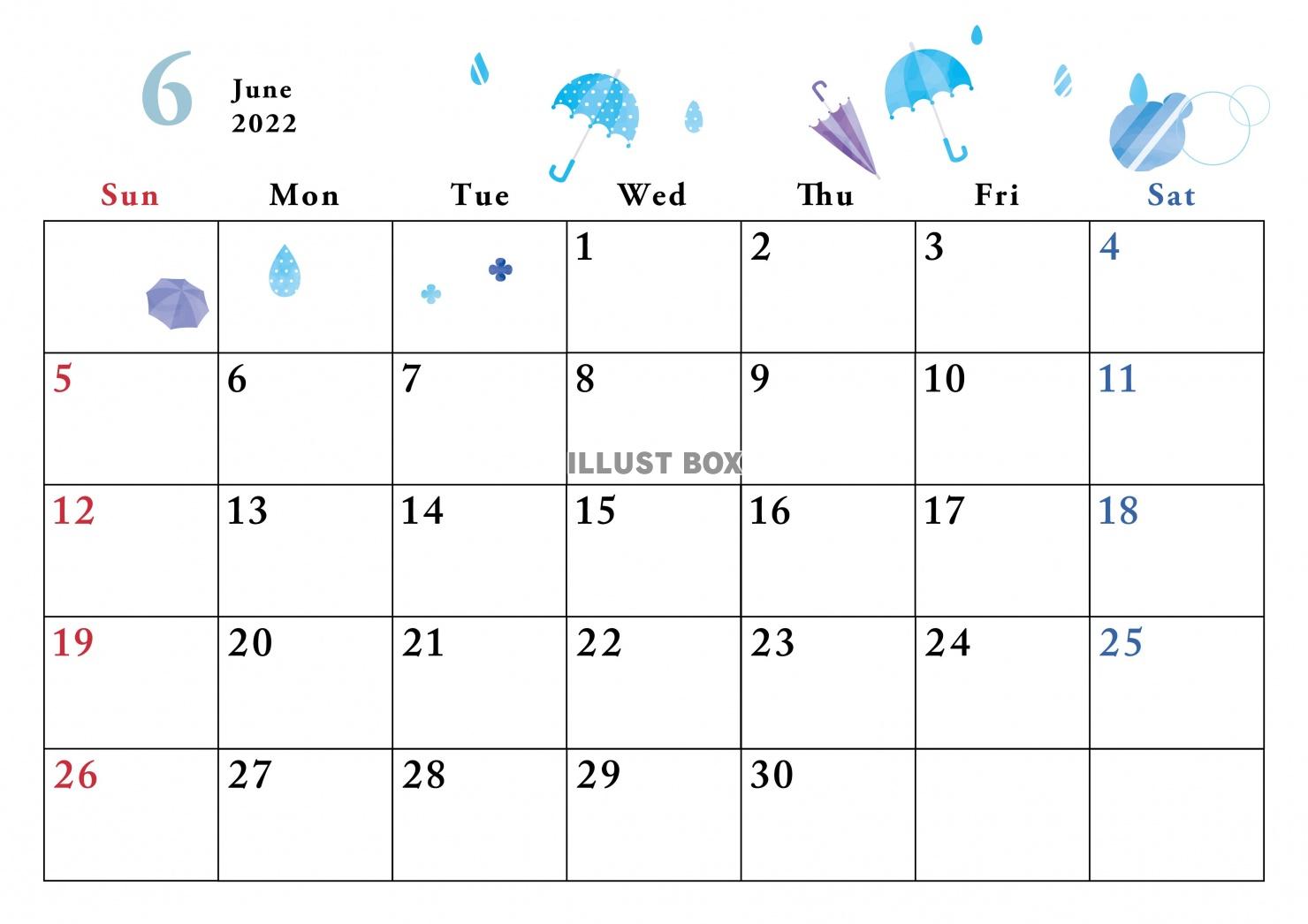 無料イラスト 22年カレンダー 6月 傘と雨のかわいいイラスト入り