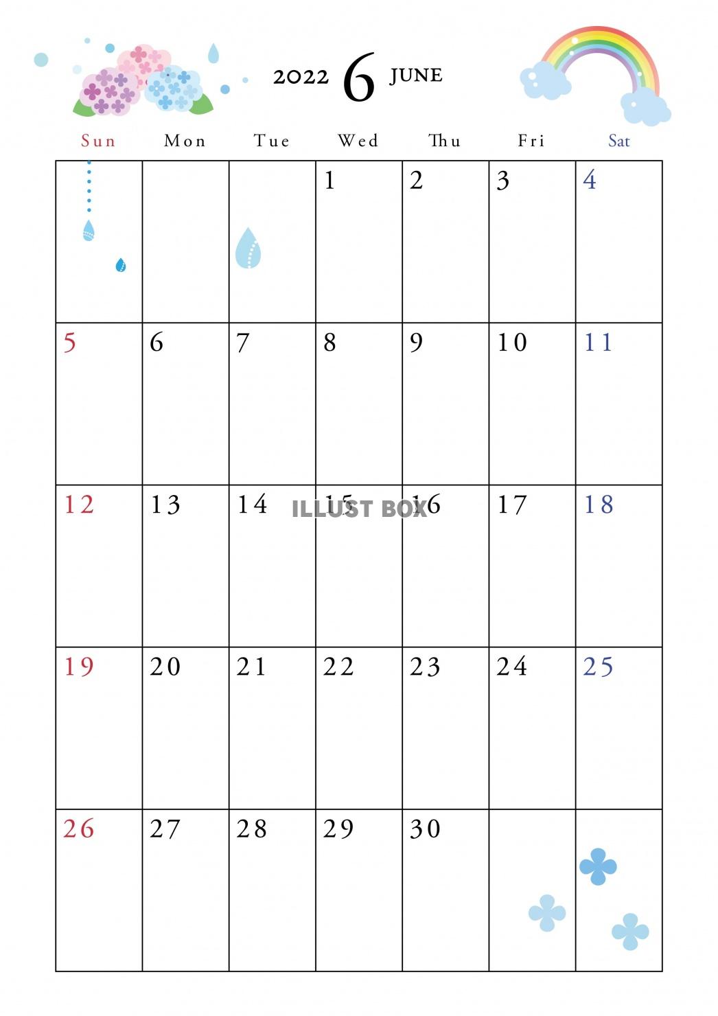 2022年カレンダー6月縦　虹と紫陽花入り