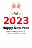 2023年を手に座るかわいいウサギの2023年縦向き年賀状
