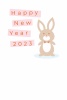 2023年卯年の年賀状テンプレート　パステルカラーのかわいい茶系のウサギのイラストが入ったデザイン　ハガキ縦
