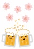 桜の下のかわいい顔が描いてあるビールのイラスト