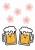 桜の下でかわいい顔が描いてあるビールのイラスト