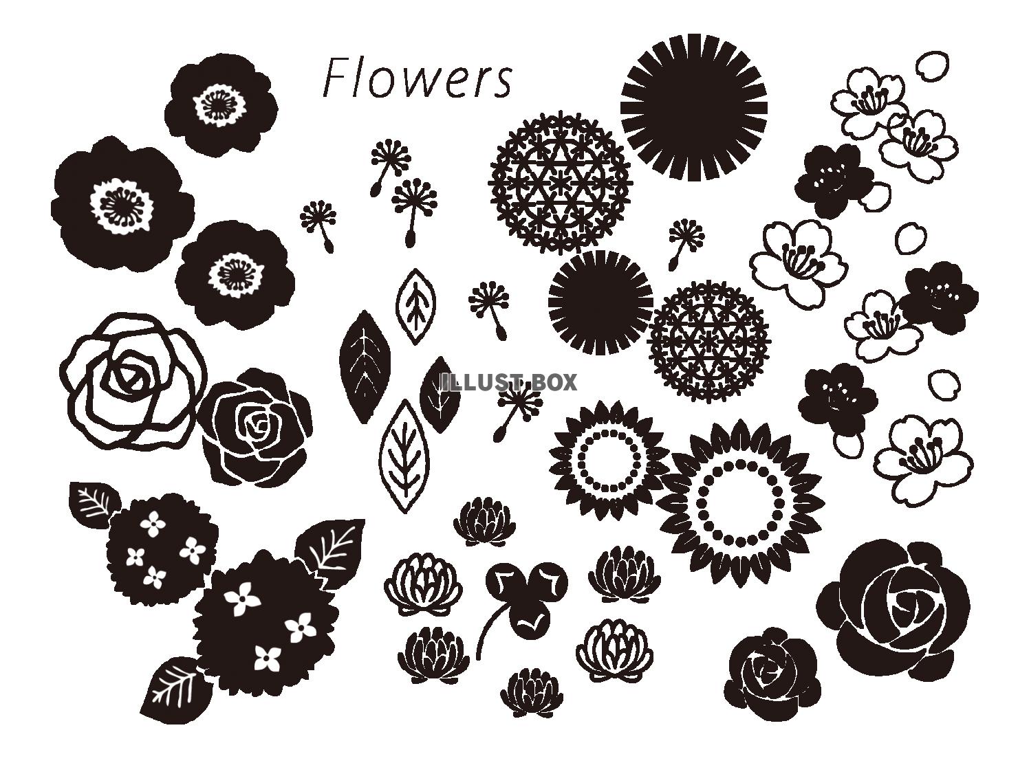 花のシンプルな白黒イラストセット