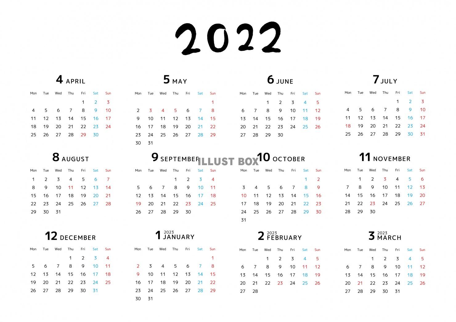 【4月始まり】とてもシンプルな年間カレンダー　2022年度版...