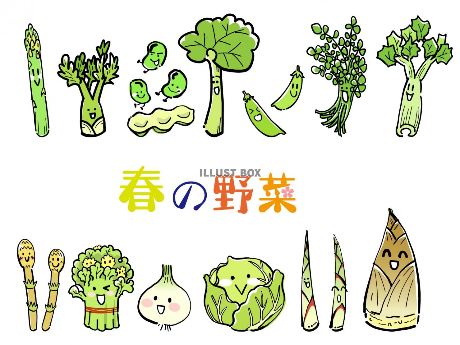 無料イラスト 春の野菜セット 整列１ 字無しver あり